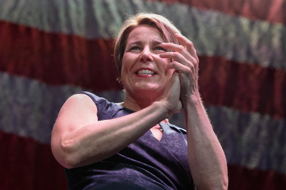 Massachusetts Attorney General Maura Healey stands on stage during the state's Democratic Party Convention in Worcester, Massachusetts. Healey, who won the Democratic gubernatorial primary on Tuesday, could become the first woman and first openly gay candidate elected governor in Massachusetts.