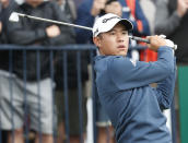 United States' Collin Morikawa plays his tee shot on the 3rd hole during the second round of the British Open Golf Championship at Royal St George's golf course Sandwich, England, Friday, July 16, 2021. (AP Photo/Peter Morrison)