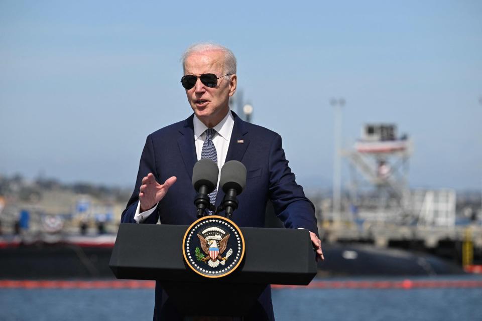 President Joe Biden speaks at a press conference during the AUKUS summit on March 13, 2023, at Naval Base Point Loma in San Diego, Calif.