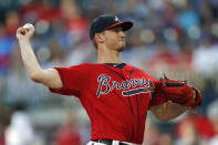 Atlanta Braves starting pitcher Mike Soroka works against the Los Angeles Dodgers in the first inning of a baseball game Friday, Aug. 16, 2019, in Atlanta. (AP Photo/John Bazemore)