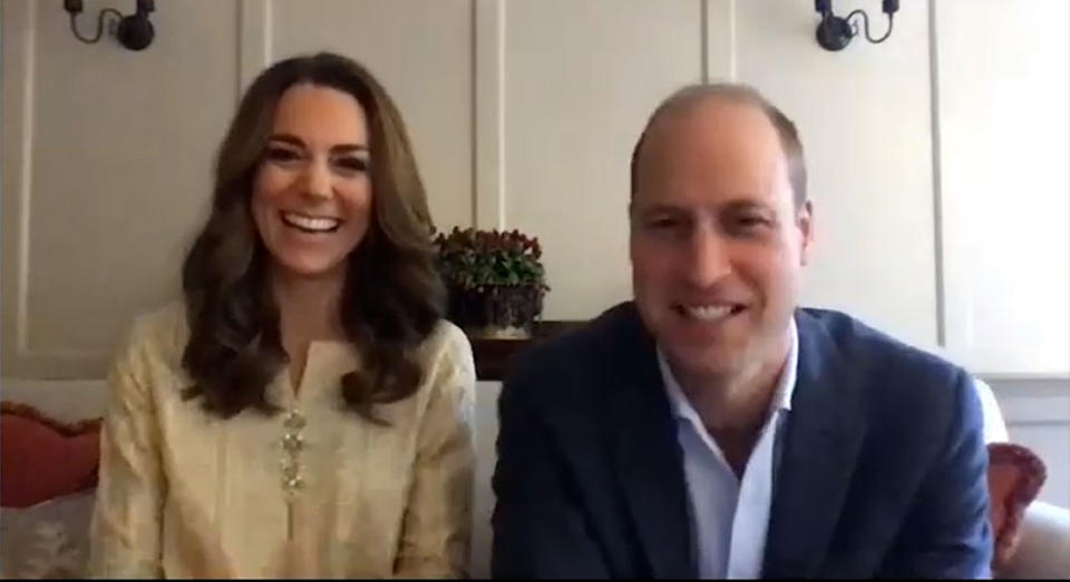 Kensington Palace undated handout photo of the Duke and Duchess of Cambridge during their video call with Islamabad Model College for Girls in in Lahore to mark one year since the couple's visit to Pakistan.