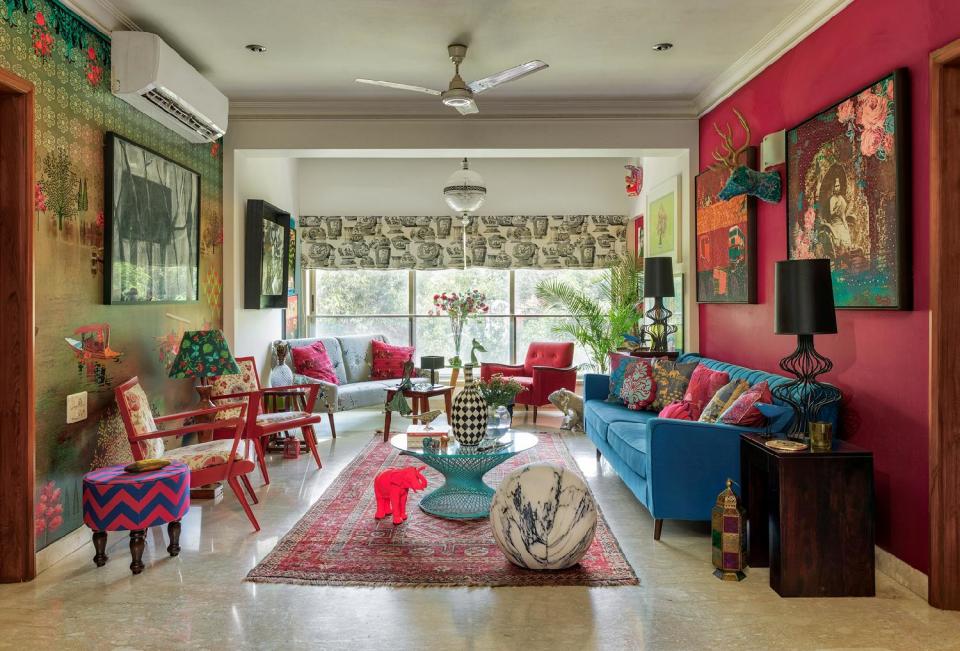 Every room within the home has at least two dominant colours, while prints run amok on soft furnishings and art alike. Mehta encourages experimenting; mixing and matching. In naturally well-lit spaces like this living room, dark colours work. In spaces that aren’t as blessed by the sun, he advises a mix of light colours.