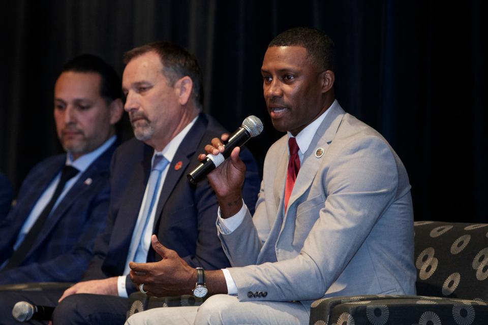 Gubernatorial primary candidate Major Williams speaks during a candidate forum hosted by The Lincoln Club of the Coachella Valley in Rancho Mirage, Calif., on May 9, 2022.