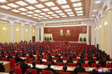 Attendees at the Third Plenary Meeting of the Seventh Central Committee of the Workers' Party of Korea (WPK), guided by North Korean leader Kim Jong Un, in this photo released by North Korea's Korean Central News Agency (KCNA) in Pyongyang on April 20, 2018. KCNA/via Reuters ATTENTION EDITORS - THIS IMAGE WAS PROVIDED BY A THIRD PARTY. REUTERS IS UNABLE TO INDEPENDENTLY VERIFY THIS IMAGE. NO THIRD PARTY SALES. NOT FOR USE BY REUTERS THIRD PARTY DISTRIBUTORS. SOUTH KOREA OUT.