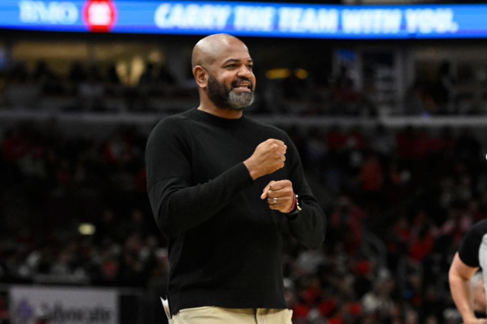 Cavaliers coach J.B. Bickerstaff talks to players during the first half against the Bulls on Dec. 23, 2023, in Chicago. Bickerstaff said the Cavs' win over the Bulls that day was the season's "aha moment."