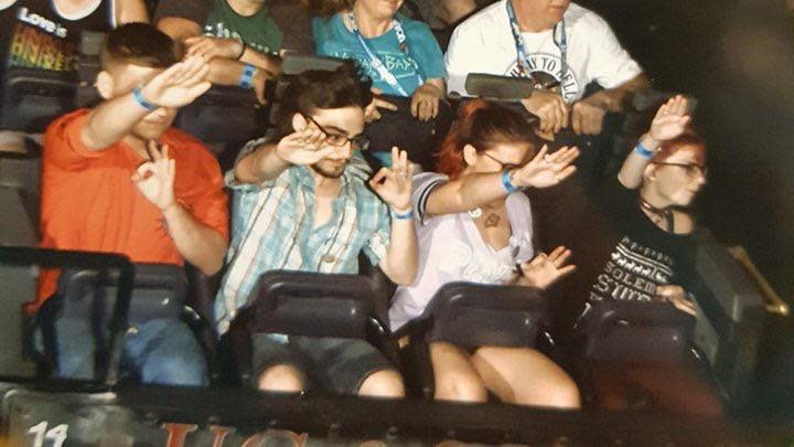 Four people riding the Revenge of the Mummy roller coaster at Universal Studios Orlando performed the Nazi and "OK" symbols. (Photo: Reddit)