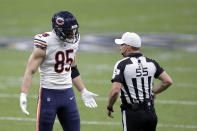Chicago Bears tight end Cole Kmet (85) questions the referee in the first half of an NFL wild-card playoff football game against the New Orleans Saints in New Orleans, Sunday, Jan. 10, 2021. (AP Photo/Brett Duke)