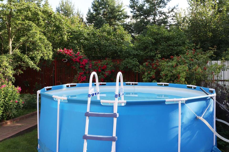 Above-ground Intex pool with a white metal frame in front of a fence covered by trees and flowering plants