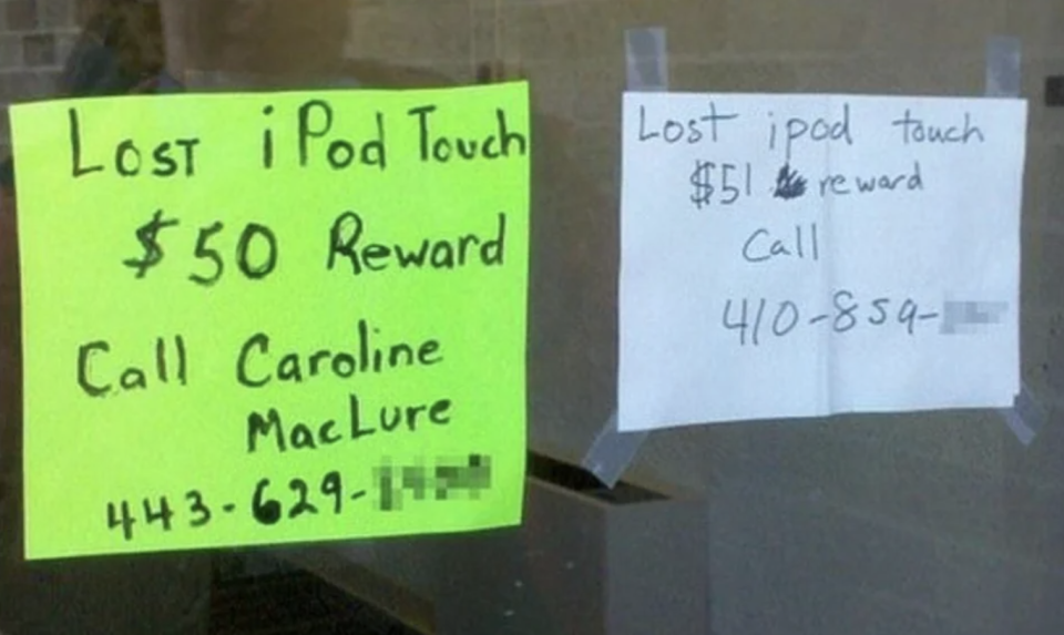 2 signs claiming a lost ipod and a reward that's a dollar more