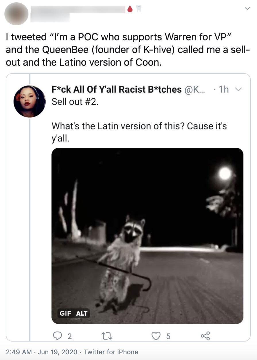 Delarosa tweeted an image of a raccoon with the caption: &ldquo;What&rsquo;s the Latin version of this? Cause it&rsquo;s y&rsquo;all.&rdquo; "Coon," when used by white people, is a derogatory term for Black people; when used by other people of color, it's often defined as a Black person who is ignorant of white supremacy. (Photo: Twitter)
