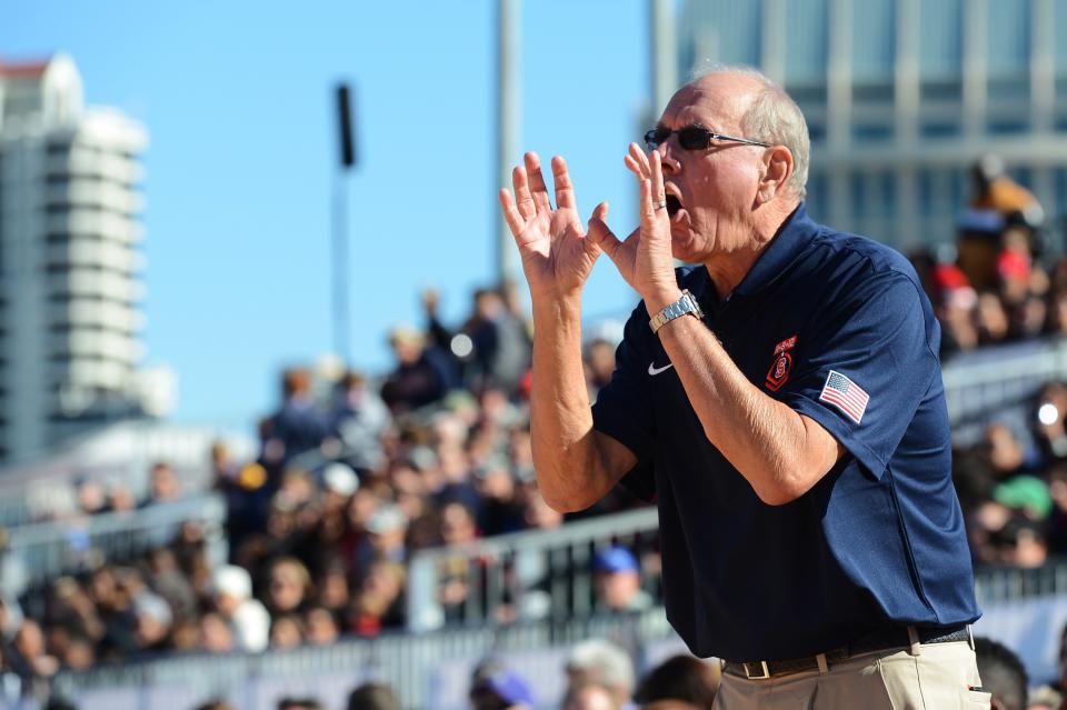 Head coach Jim Boeheim of the Syracuse Orange yells to his team during the Battle On The Midway against the San Diego State Aztecs on board the USS Midway Aircraft Carrier on November 11, 2012 in San Diego, California. (Photo by Harry How/Getty Images)