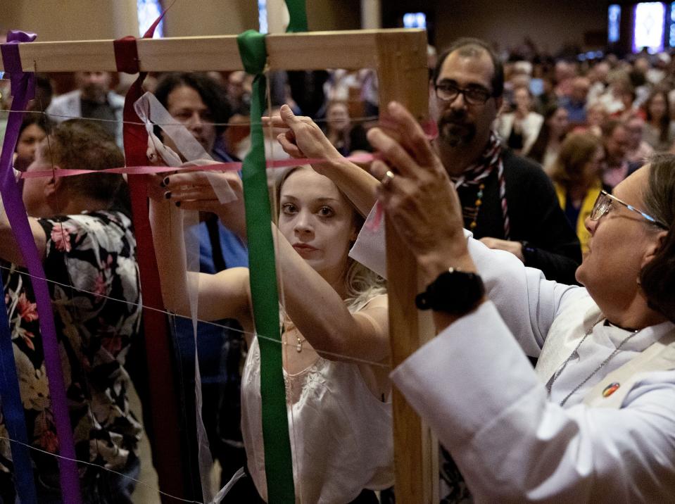 Ribbons are woven into a matrix during the Utah Pride Interfaith Coalition Interfaith Service at the First Baptist Church in Salt Lake City on Wednesday, May 31, 2023. | Laura Seitz, Deseret News