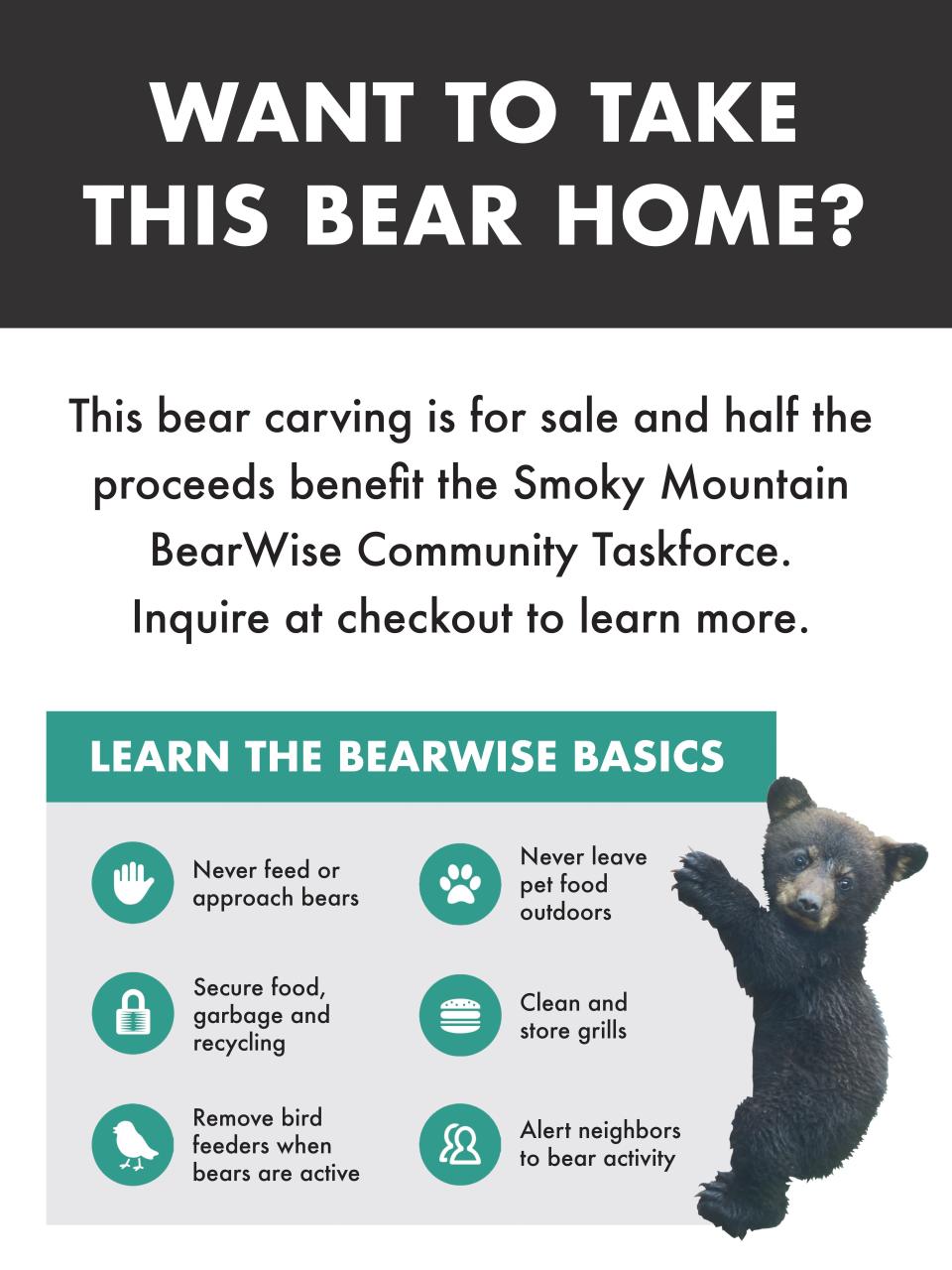 BearWise.org provides all the details about how to prevent bears getting access to human and pet food. This sign made by Emma DuFort of Great Smoky Mountains Association accompanies the Bodacious Bear at Nantahala Outdoor Center. For information on the carving, email John Beaudet at BodaciousAT@gmail.com.