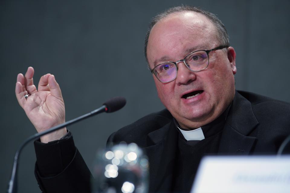 FILE - Malta's Archbishop Charles Scicluna, who was the Vatican's sex crimes prosecutor under Pope Benedict XVI, talks to journalists during a press conference to present the new sex abuse law at the Vatican's press center on May 9, 2019. Pope Benedict XVI rarely got credit for having turned the Vatican around on clergy sexual abuse, but as cardinal and pope, he pushed through revolutionary changes to church law to make it easier to defrock predator priests. (AP Photo/Andrew Medichini, File)