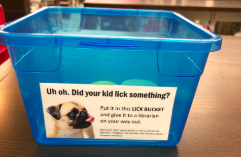 A library in Oregon sets out Lick Buckets for any items that children make a mess. (Photo: HalpernAlex via Twitter)