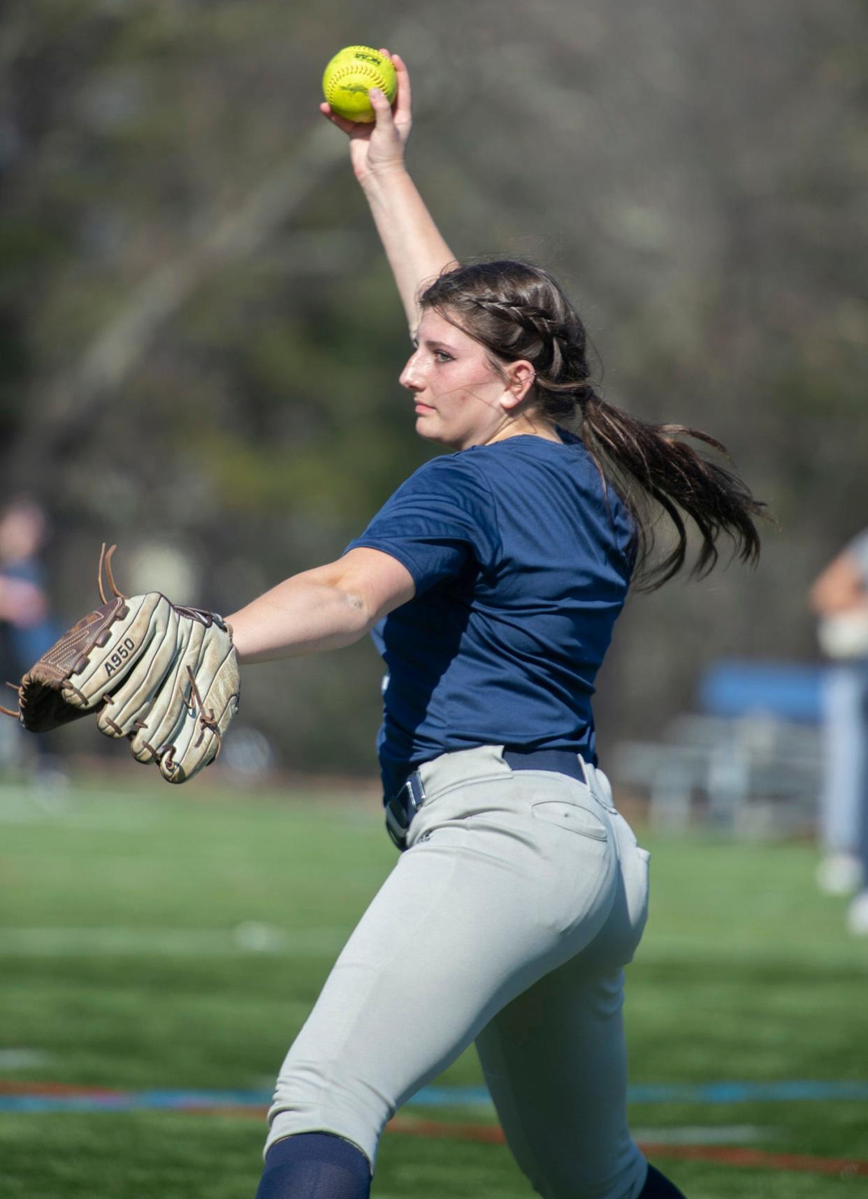 Framingham High School softball freshman pitcher Chloe Nestor at practice, March 22, 2023.