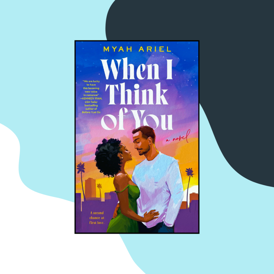Book cover of "When I Think of You" by Myah Ariel; an illustrated couple embracing with a cityscape background