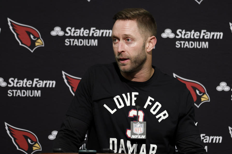 FILE - Arizona Cardinals head coach Kliff Kingsbury wears a shirt in support of Buffalo Bills' Damar Hamlin as he speaks at a news conference after the team's NFL football game against the San Francisco 49ers in Santa Clara, Calif., Sunday, Jan. 8, 2023. The Washington Commanders are hiring Kingsbury as their offensive coordinator, a person with knowledge of the decision tells The Associated Press, Sunday, Feb. 4, 2024. (AP Photo/Jed Jacobsohn, File)