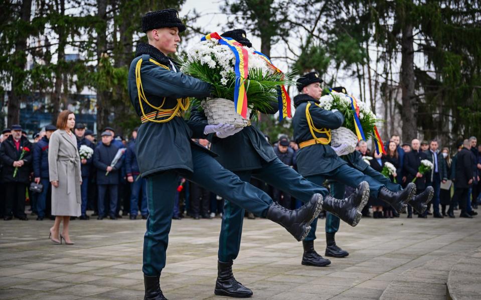 Moldovan honour guards during a ceremony  in Chisinau, on March 2, 2024, to commemorate the fallen soldiers of the Transnistrian War