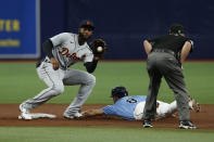 Tampa Bay Rays' Brandon Lowe slides safely into second base, beating the throw to Detroit Tigers shortstop Niko Goodrum during the third inning of a baseball game Sunday, Sept. 19, 2021, in St. Petersburg, Fla. (AP Photo/Scott Audette)