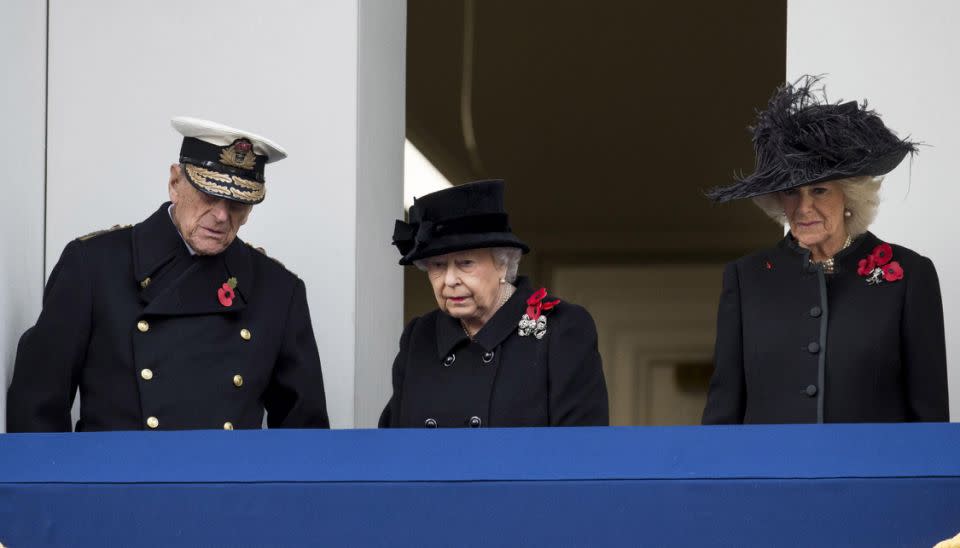 The Queen watched from the balcony with Prince Philip and Camilla. Photo: Getty Images