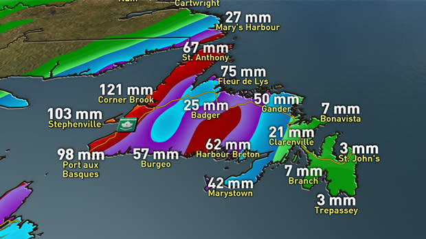 Tropical storm Leslie is expected to drop its heaviest rains in western Newfoundland. This graphic, based on one meteorological model, illustrates expected rainfalls by Wednesday at 8 a.m. NT. 