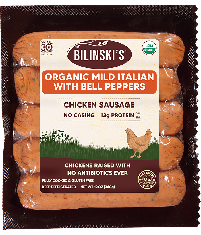 Package of Bilinski's Organic Mild Italian with Bell Peppers Chicken Sausage. Text highlights no casing, 13g protein, organic, no antibiotics, fully cooked, and gluten-free