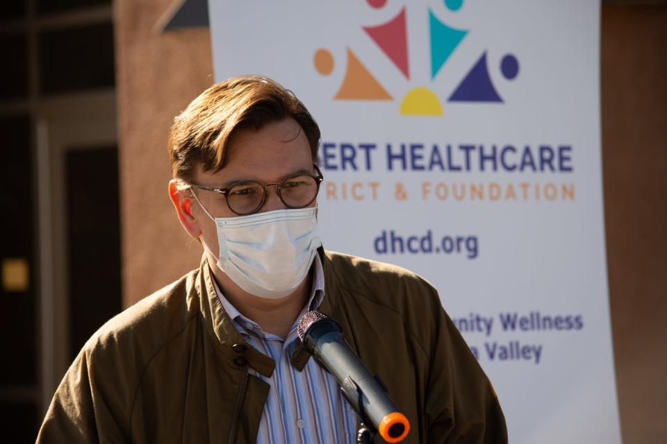 Desert Healthcare District and Foundation CEO Conrado Bárzaga addresses media at the Coachella Valley Unified School District offices in Thermal, Calif., on December 08, 2021.