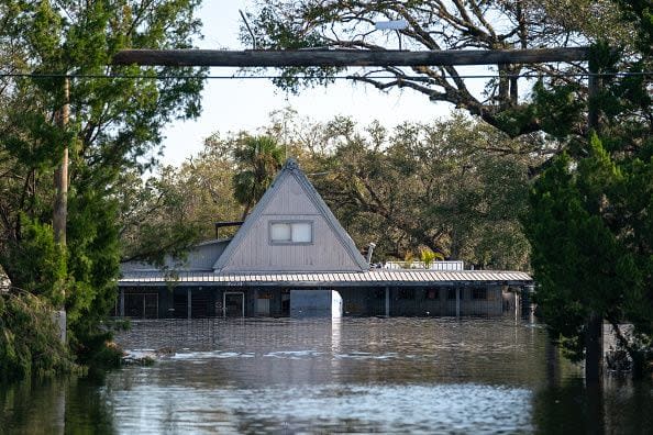A Peace River campground is shown flooded in the wake of Hurricane Ian on October 4, 2022, in Arcadia, Florida. Fifty miles inland, and nearly a week after Hurricane Ian made landfall on the Gulf Coast of Florida, the record-breaking floodwaters in the area are receding to reveal the full effects of the storm.