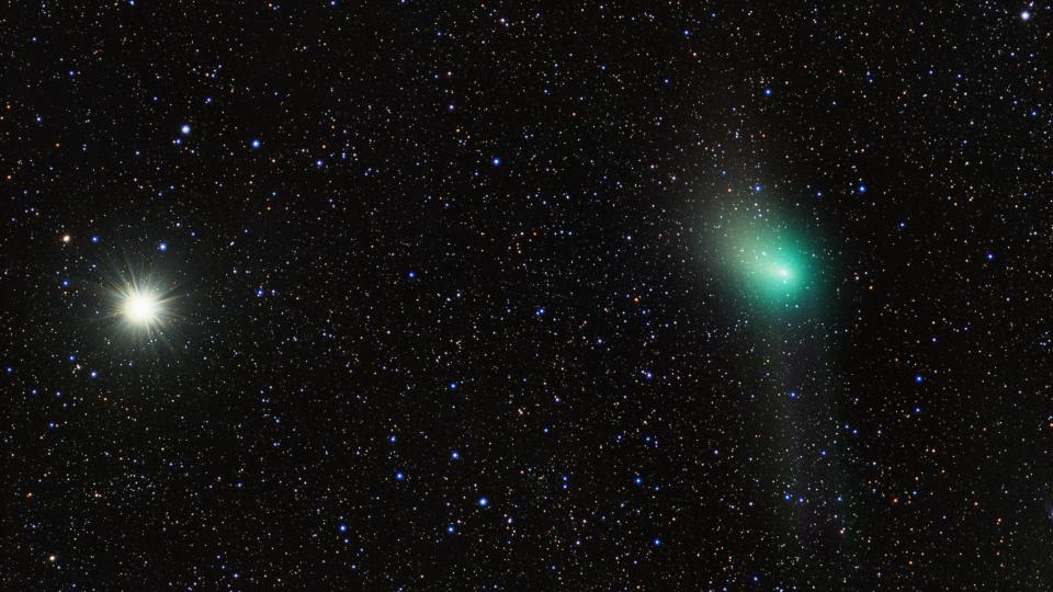 A long-exposure photograph of comet C/2022 E3 (ZTF) taken from Jackson, Wisconsin on February 5, 2023.