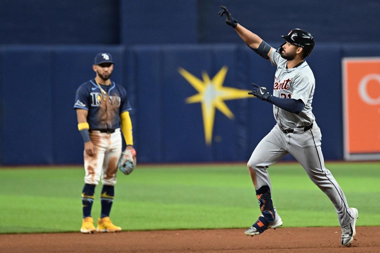 Tigers designated hitter Riley Greene celebrates after hitting a two-run home run in the eighth inning of the Tigers' 4-2 win on Tuesday, April 23, 2024, in St. Petersburg, Florida.