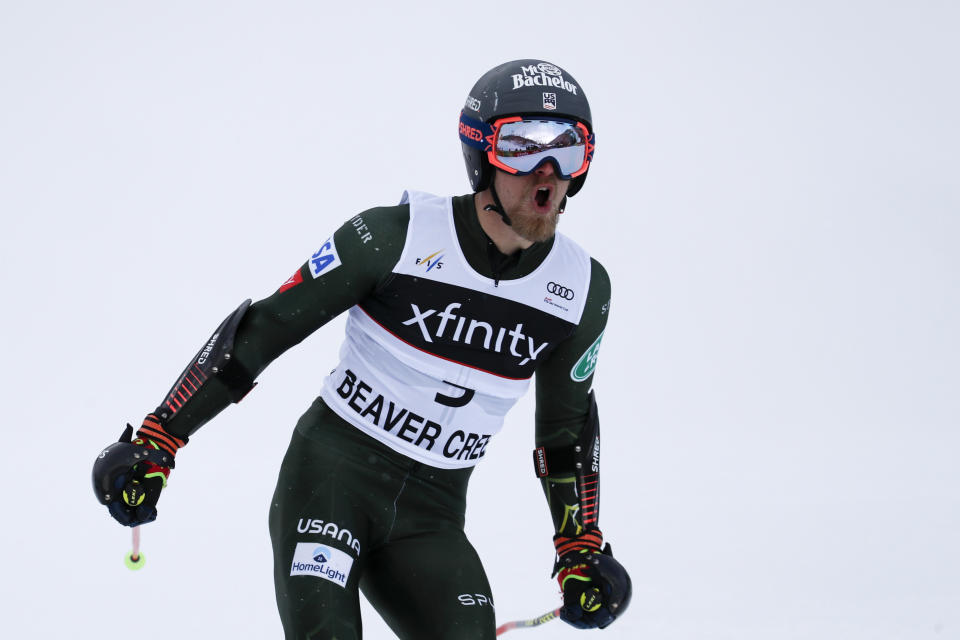 FILE - In this Dec. 8, 2019, file photo, United States' Tommy Ford reacts after his run during a men's World Cup giant slalom skiing race, in Beaver Creek, Colo. Ford is into art. Outside passions are a way for racers to take their minds off always thinking about racing. (AP Photo/John Locher, File)