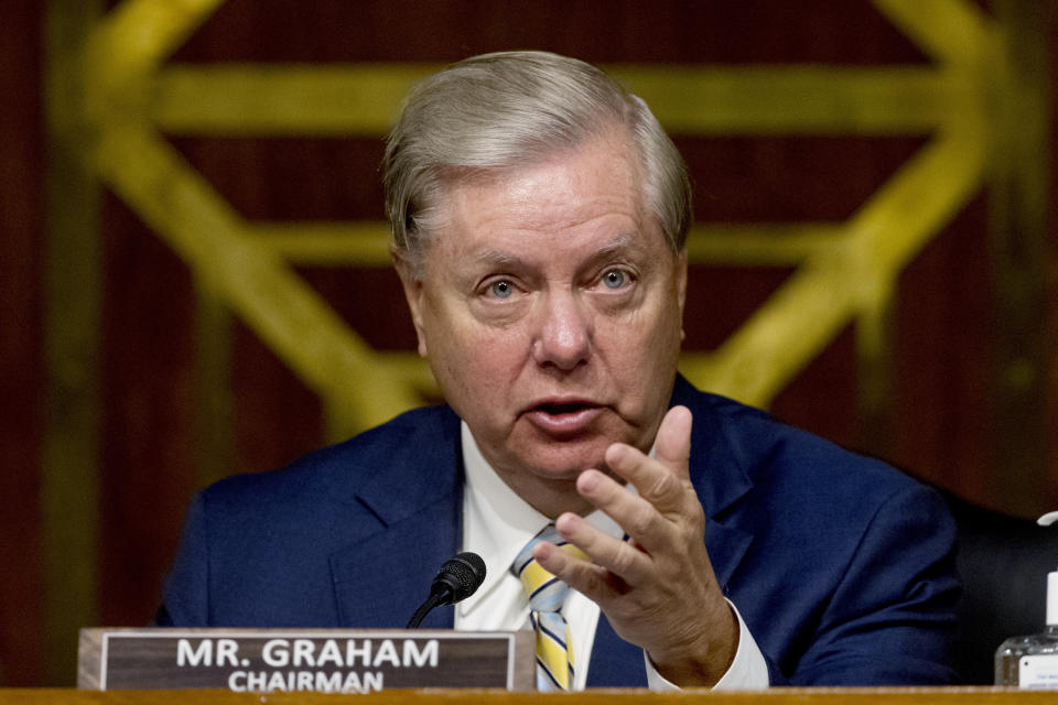 FILE - In this June 9, 2020, file photo Chairman Sen. Lindsey Graham, R-S.C., speaks during a Senate Judiciary Committee hearing on Capitol Hill in Washington. Hearings before the Republican-led Senate Judiciary Committee will begin Monday, Oct. 12, for President Donald Trump’s Supreme Court nominee Judge Amy Coney Barrett. (AP Photo/Andrew Harnik, Pool, File)