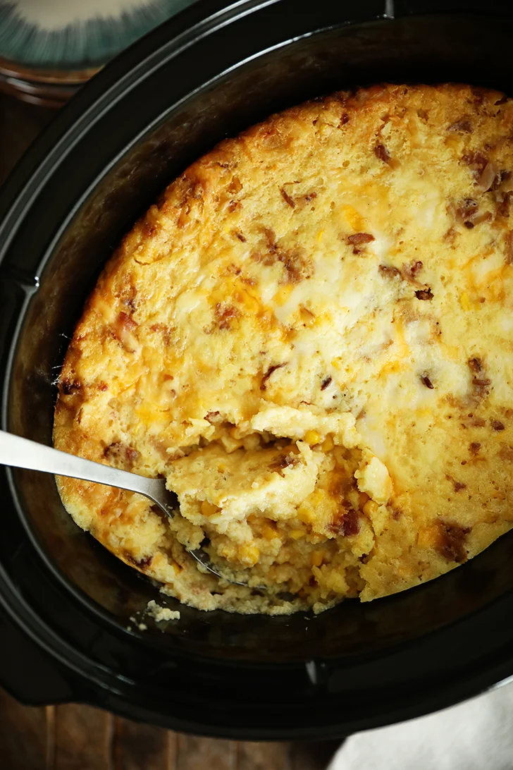 Slow Cooker Bacon Cheddar Corn Spoon Bread