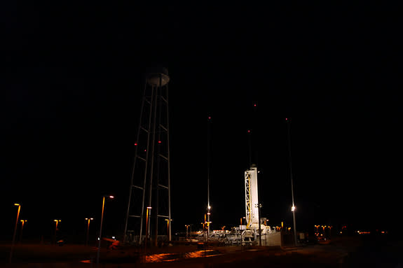 The first stage of the Antares rocket stands on the pad at NASA's Wallops Flight Facility ahead of its February 2013 engine test-firing.