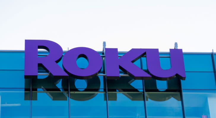 Logo for Roku, Inc. (ROKU) displayed on a glass building