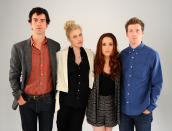 NEW YORK, NY - APRIL 25: (L-R) Actor Hamish Linklater, actress Greta Gerwig, writer/actress Zoe Lister Jones and writer/director Daryl Wein of the film 'Lola Versus' visit the Tribeca Film Festival 2012 portrait studio at the Cadillac Tribeca Press Lounge on April 25, 2012 in New York City. (Photo by Andrew H. Walker/Getty Images)