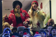 Taylor Swift, right, and Brittany Mahomes react during the third quarter of an NFL AFC division playoff football game between the Buffalo Bills and the Kansas City Chiefs, Sunday, Jan. 21, 2024, in Orchard Park, N.Y. (AP Photo/Frank Franklin II)