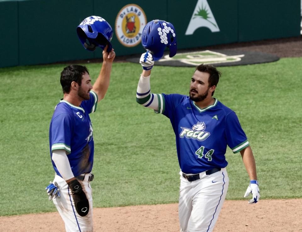 Joe Kinker (44) celebrates after hitting a two-run home run in the seventh inning of Florida Gulf Coast's 7-0 victory over Jacksonville in ASUN baseball tournament play Tuesday, May 23, 2023.