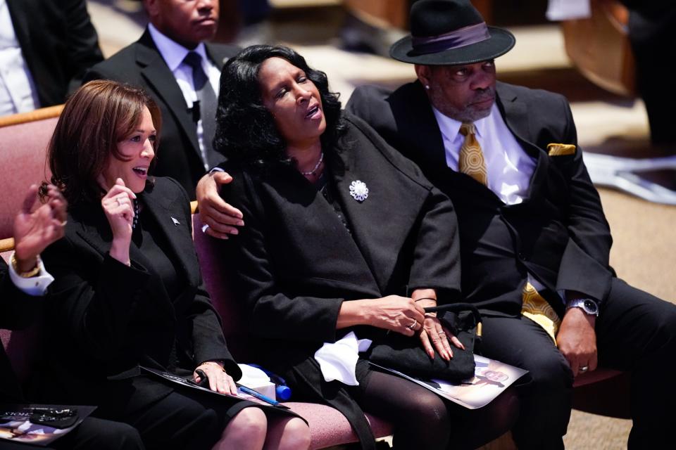 Vice President Kamala Harris sits with the parents of Tyre Nichols, RowVaughn Wells and Rodney Wells during the funeral service for Tyre Nichols at Mississippi Boulevard Christian Church in Memphis, Tennessee, on Wednesday, Feb. 1, 2023.