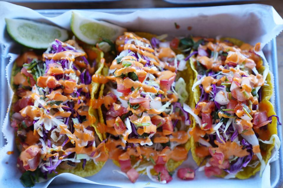 Battered fish tacos made with soy and seaweed from Earth Plant Based Cuisine in Phoenix on March 22, 2022.