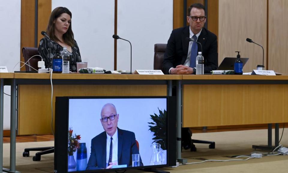 News Corp CEO Robert Thomson appears via video link during an inquiry into the state of media diversity at Parliament House in Canberra