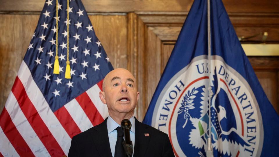 PHOTO: Department of Homeland Security Secretary Alejandro Mayorkas speaks during a news conference regarding the Know2Protect program in New York City, April 17, 2024. (Brendan Mcdermid/Reuters)