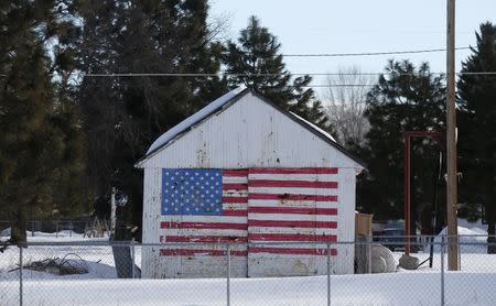 A U.S. flag is painted on a garage in Burns, Oregon January 30, 2016. REUTERS/Jim Urquhart