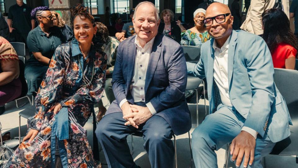 <div>Left to right: Poet Laureate Jesscia Care Moore, Detroit Mayor Mike Duggan and Kevin Ryan from the Ford Foundation.</div> <strong>(Provided by the City of Detroit)</strong>