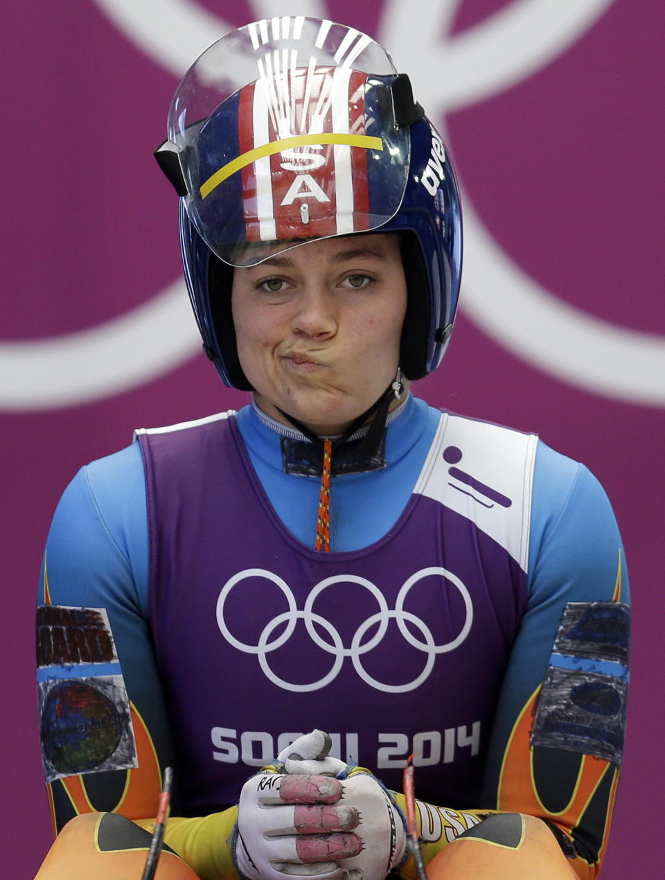 Kate Hansen of the United States prepares to start her run during a training session for the women's singles luge at the 2014 Winter Olympics, Saturday, Feb. 8, 2014, in Krasnaya Polyana, Russia.