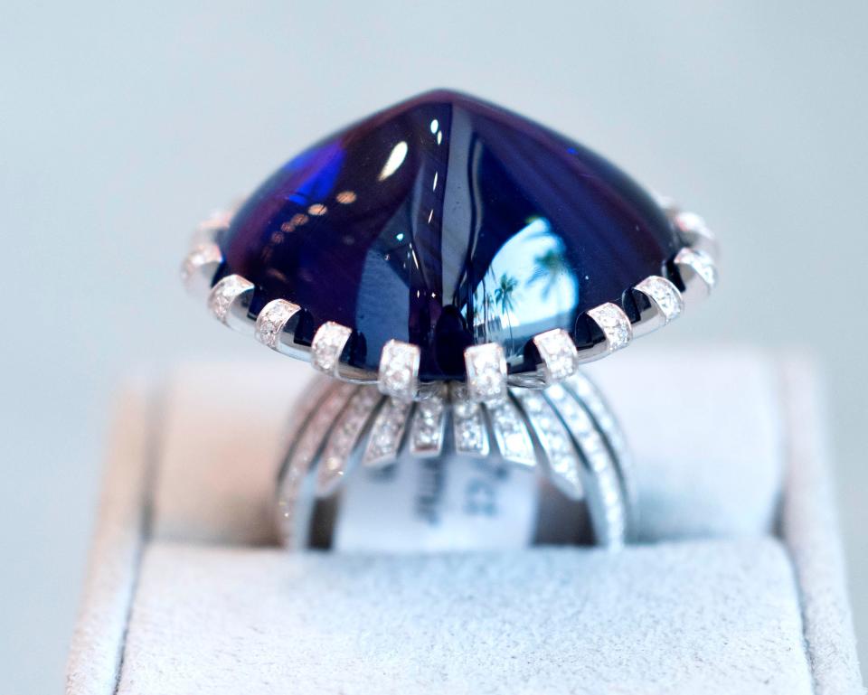This sapphire and diamond ring featuring a Kashmir sapphire of 77.67 carats, round diamonds and platinum has an estimated value of between $2 million and $4 million.