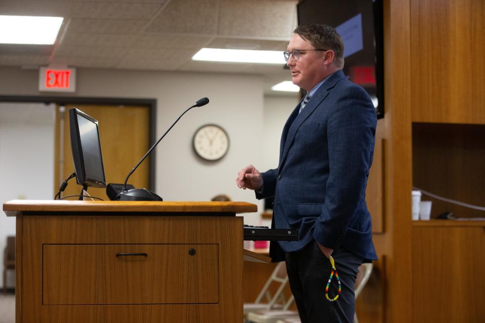 Alex Red Corn, with Kansas State University department of educational leadership, presents during Wednesday's Kansas State Board of Education meeting.