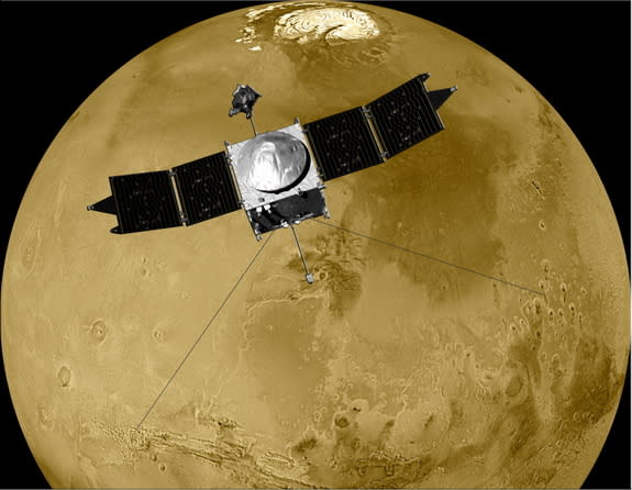 MAVEN spacecraft orbits Mars in this artist's illustration. Image released Oct. 14, 2014.