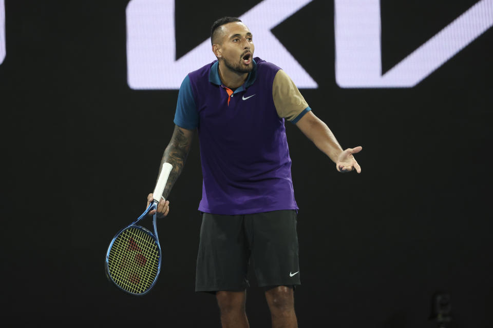 Australia's Nick Kyrgios reacts during match against Portugal's Frederico Ferreira at the Australian Open tennis championship in Melbourne, Australia, Monday, Feb. 8, 2021. (AP Photo/Hamish Blair)